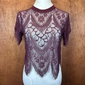 Anthropologie bishop + young XS sheer genius lace tee Dahlia scallop fringe boho
